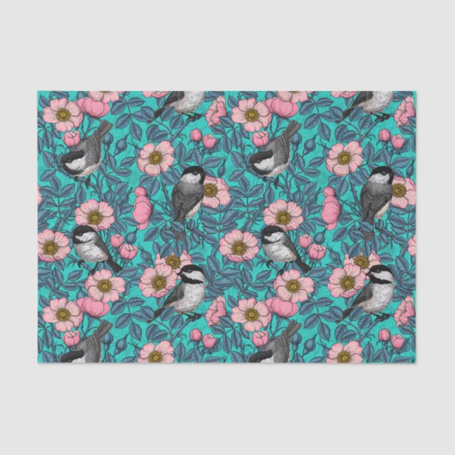 Papier Mousseline Les poulets dans la nature rose, rose et bleu (Recto)