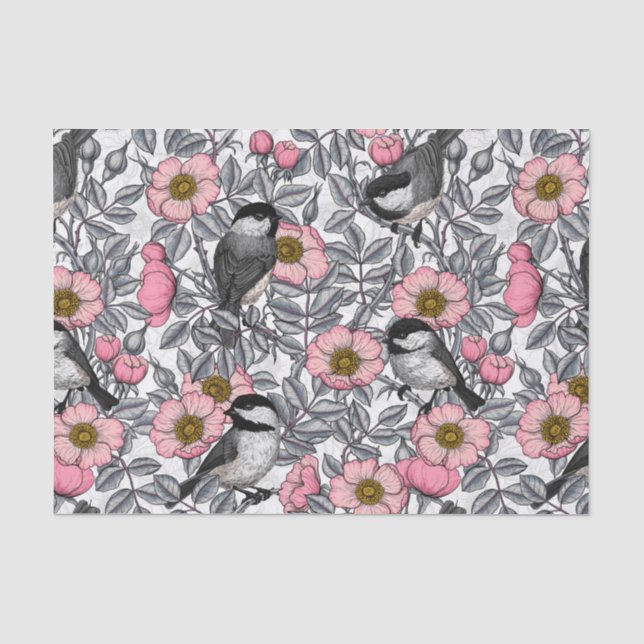 Papier Mousseline Les poulets dans la nature rose, rose et gris (Recto)