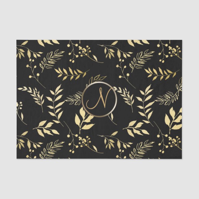 Papier Mousseline Lettre Feuille d'or noir Chic Monogramme initiale (Recto)