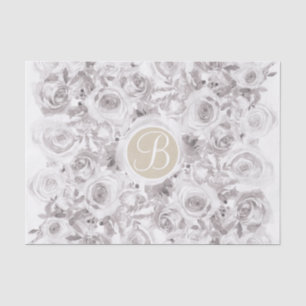 Papier Mousseline Lettre initiale monogramme Roses rustiques blanche