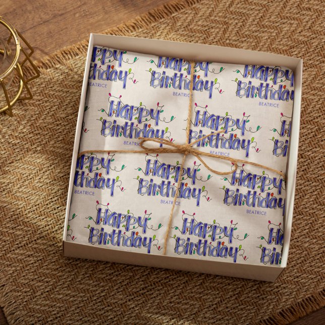 Papier Mousseline Lettres à la main Dusty Bleu Customisé Anniversair (Happy Birthday Dusty Blue Lettering Tissue Paper)