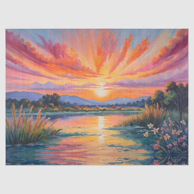 Papier Mousseline Lever de soleil à l'aquarelle de l'étang (Recto)
