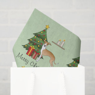 Papier Mousseline Lévrier Italien Fauve Et Blanc & Sapin De Noël