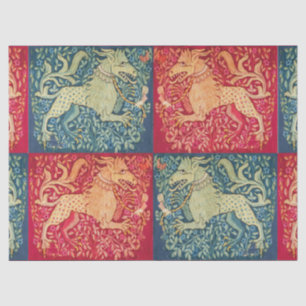 Papier Mousseline Lion BESTIAIRE MÉDIÉVAL Comme la bête en bleu roug