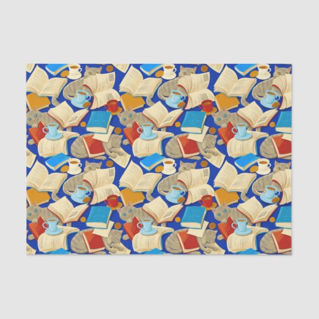 Papier Mousseline Livres et chats en bleu (Recto)