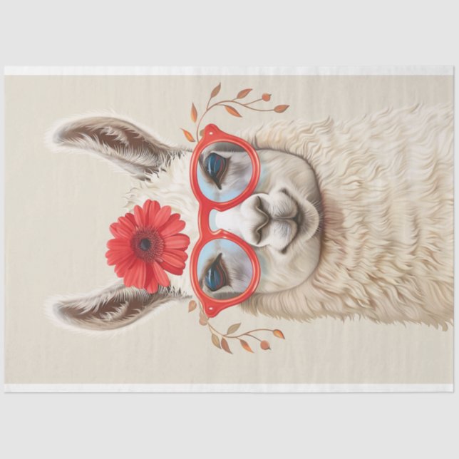 Papier Mousseline Llama blanc avec lunettes à fleurs rouges Découpag (Recto)