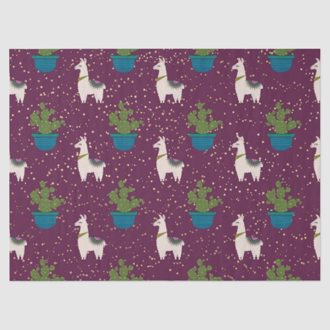 Papier Mousseline Llama, Catcus et Etoiles sur la page pourpre (Recto)