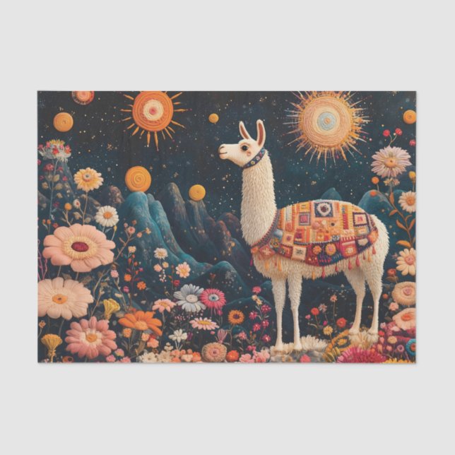 Papier Mousseline Llama lunaire dans un paysage floral étoilé (Recto)