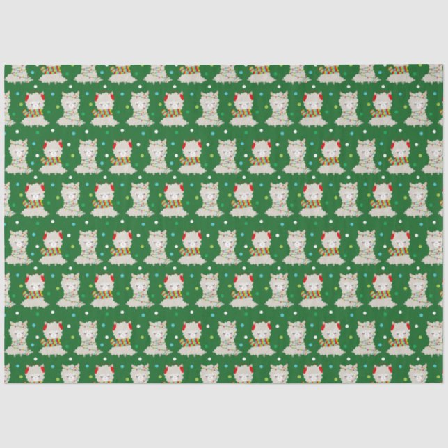 Papier Mousseline Llamas Festive de Noël sur vert (Recto)