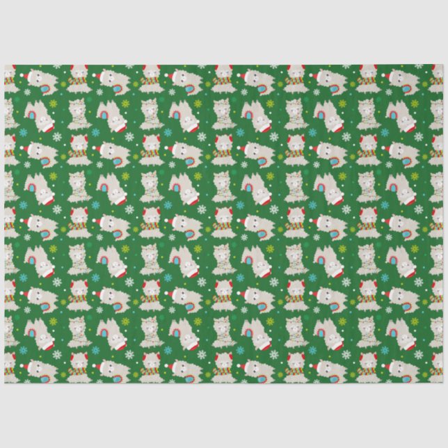 Papier Mousseline Llamas Festive de Noël sur vert (Recto)