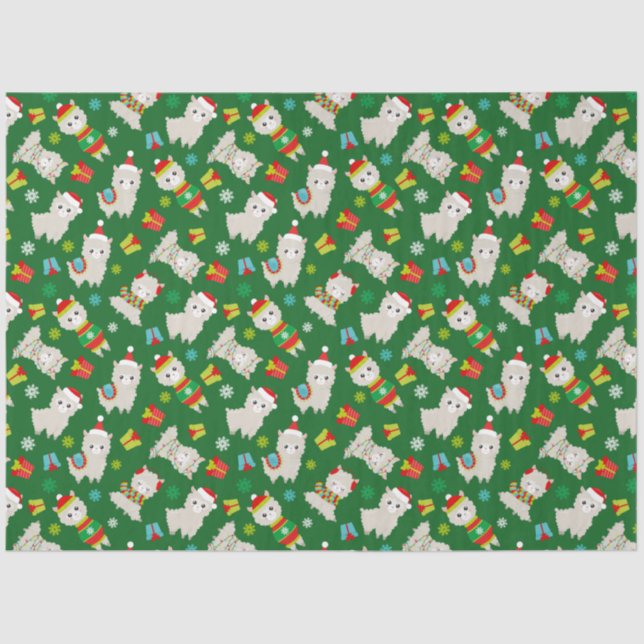 Papier Mousseline Llamas Festive de Noël sur vert (Recto)