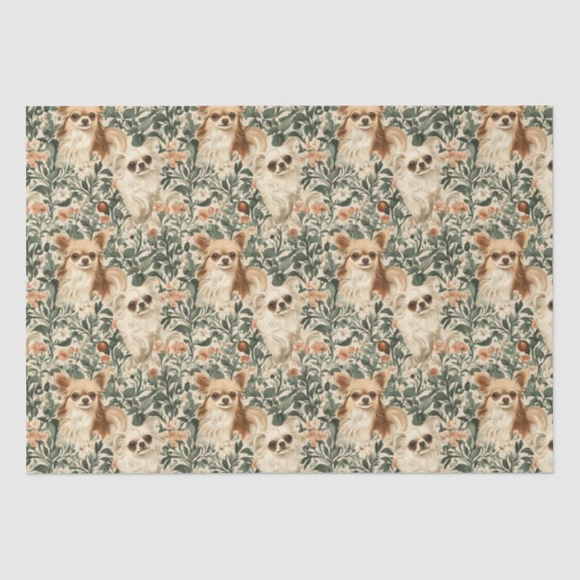 Papier Mousseline Long Haired Chihuahuas William Morris style floral (Recto)