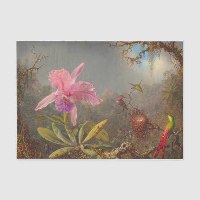 Papier Mousseline L'orchidée de Cattleya et trois colibris Heade (Recto)