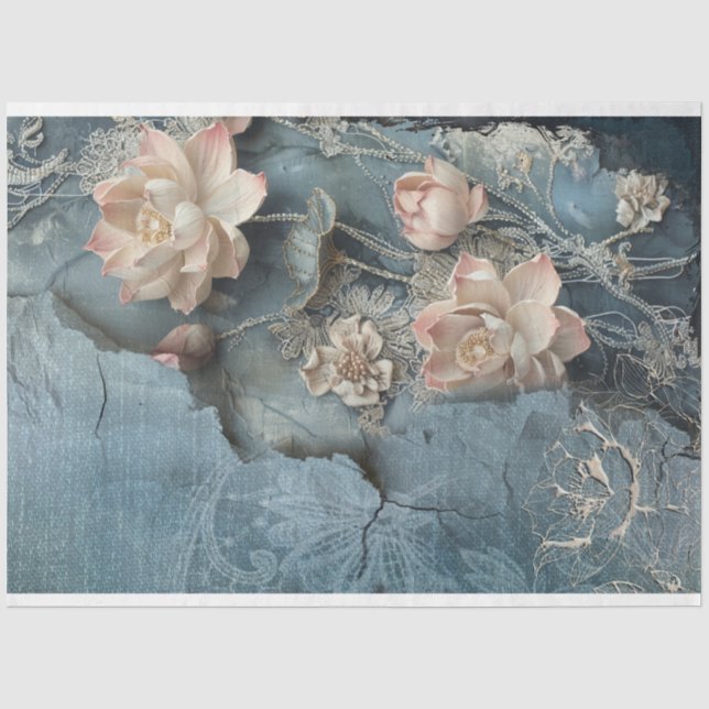 Papier Mousseline Lotus Flowers & Denim Blue effets multimédia mixte (Recto)