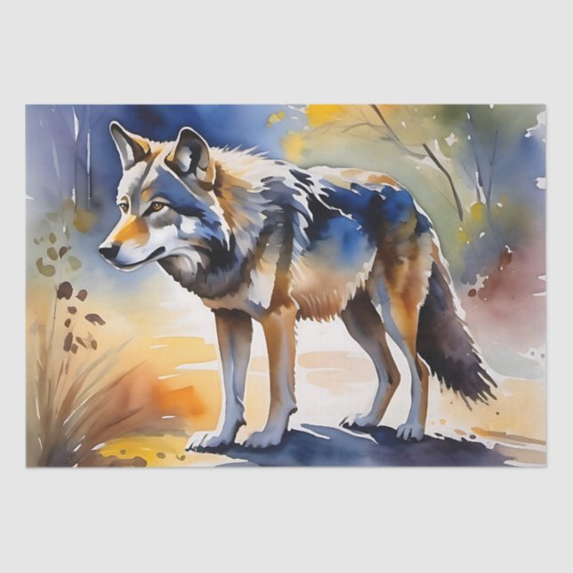Papier Mousseline Loup dans une aquarelle de forêt (Recto)