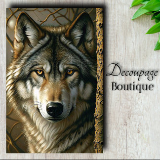 Papier Mousseline Loup Gris aux Yeux Ambrés Decoupage