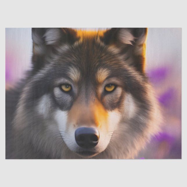 Papier Mousseline Loup gris en fleurs violettes (Recto)