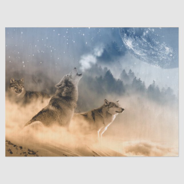Papier Mousseline Loups hurlant sur la lune (Recto)