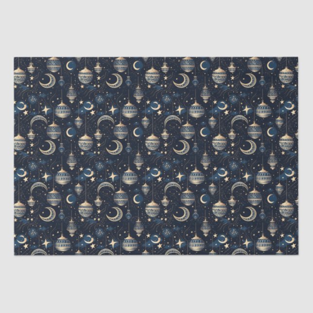 Papier Mousseline Lune bleue et or et lanternes (Recto)
