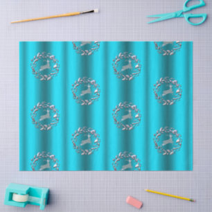 Papier Mousseline Luxe Silver Reindeer Aqua Christmas