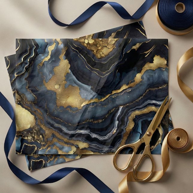 Papier Mousseline Luxury Navy Blue Black Faux Gold Marble Agate (Créateur téléchargé)