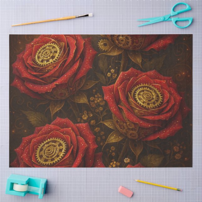 Papier Mousseline Luxury Steampunk Roses Romantic Gold Gears (Artisanat)