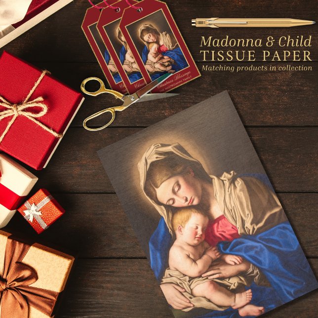 Papier Mousseline Madonna & Enfant traditionnel Noël religieux (Madonna and Child religious Christmas tissue paper for gift wrapping in red and gold)