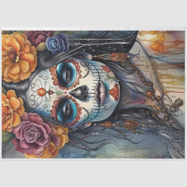 Papier Mousseline Magnifique aquarelle Sugar Skull Femme Découpage (Recto)