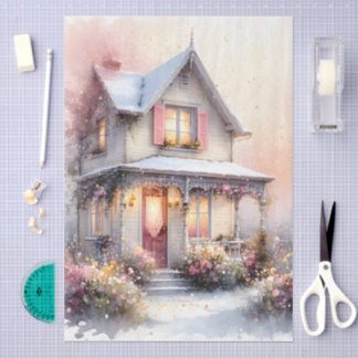 Papier Mousseline Maison de printemps Cottagecore en fleurs à l'aqua
