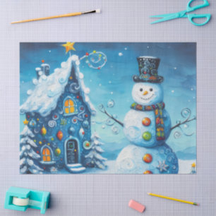 Papier Mousseline Maison fantaisiste et bonhomme de neige Noël Décou