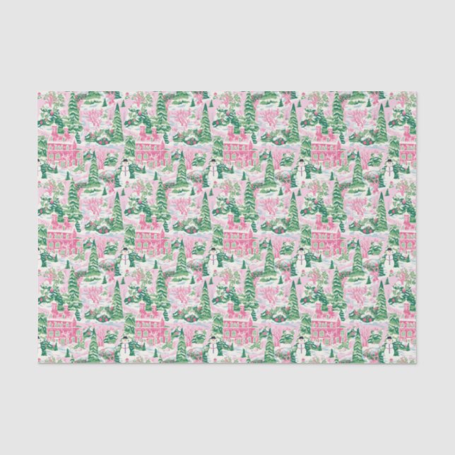 Papier Mousseline Maisons de Noël rose et vert (Recto)