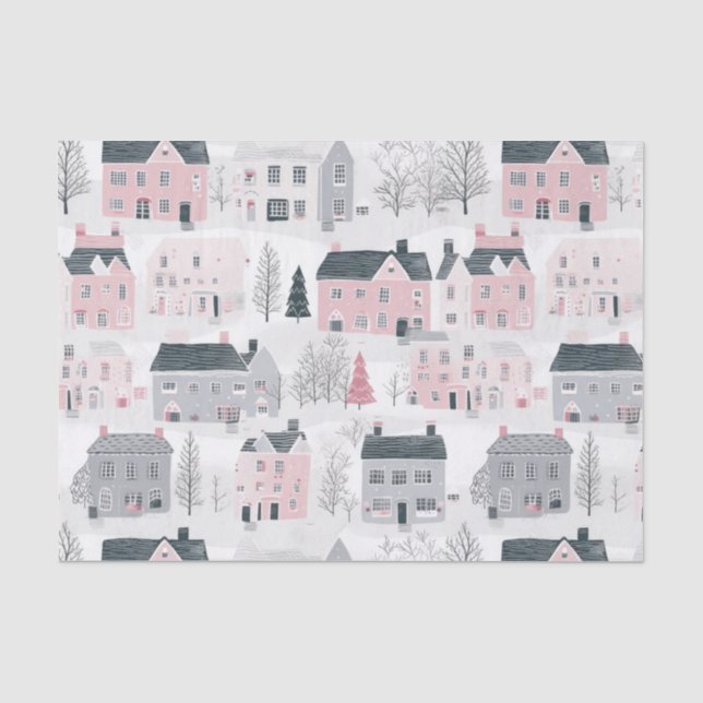 Papier Mousseline Maisons de Noël rose gris blanc (Recto)