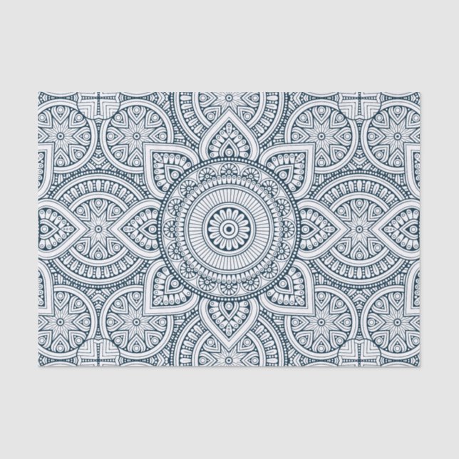 Papier Mousseline Mandala floral blanc bleu géométrique (Recto)