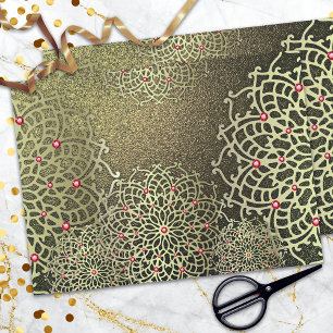 Papier Mousseline Mandala Oriental Luxe Or Avec Pierres Rouges