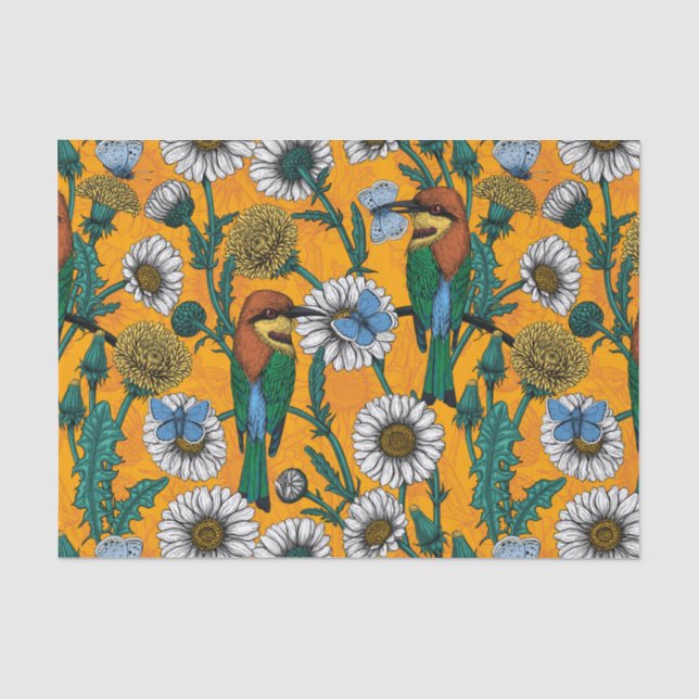 Papier Mousseline Mangeurs d'abeilles, papillons bleus et marguerite (Recto)