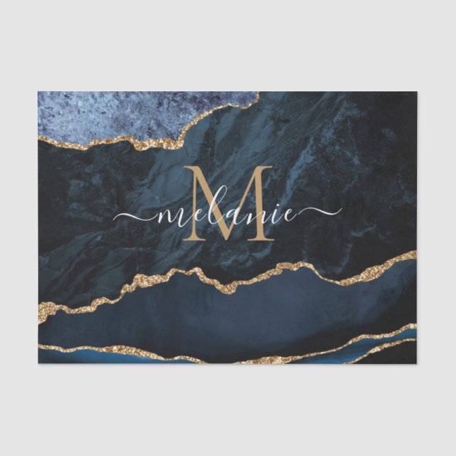 Papier Mousseline Marbre bleu marine or Monogramme Nom Papier de tis (Recto)