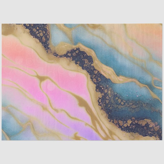 Papier Mousseline Marbre Faux Navy, Aqua, Rose, Or (Recto)