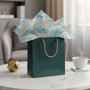 Papier Mousseline Marbre Turquoise Bleu Blanc Or Motif