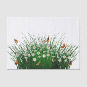 Papier Mousseline Marguerite Vert Herbe Orange Papillons