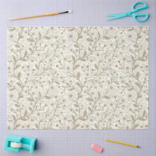 Papier Mousseline Marguerites en blanc et marron sur fond blanc cass