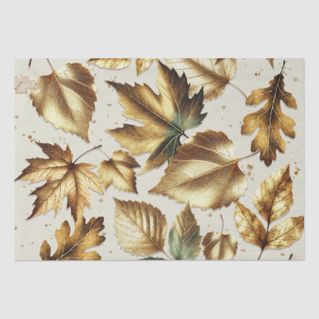 Papier Mousseline Mariage d'automne beige amande feuilles dorées (Recto)
