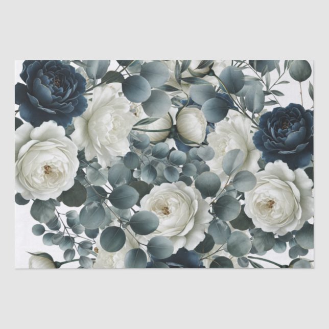 Papier Mousseline Mariage Fleurie Moderne Bleu Foncé & Blanc (Recto)