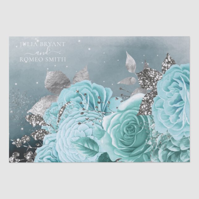 Papier Mousseline Mariage floral bleu-duché personnalisé (Recto)