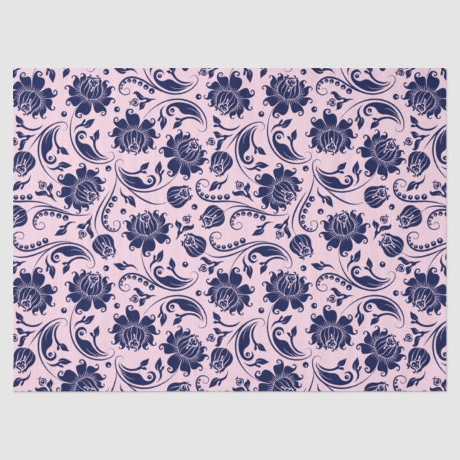 Papier Mousseline Marine bleu Floral Damas Arrière - plan rose (Recto)
