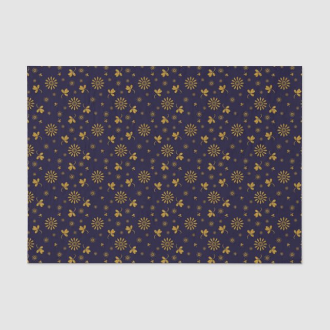Papier Mousseline Marine Blue Faux Gold Foil Floral Feuilles (Recto)