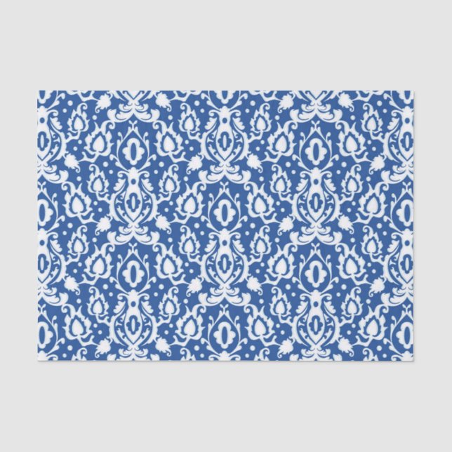 Papier Mousseline Marocain bleu et blanc Casbah Damask (Recto)