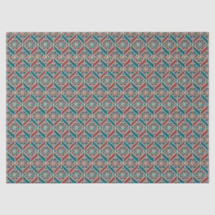 Papier Mousseline Maroon, Motif ethnique Turquoise, Fleurs, Chevrons