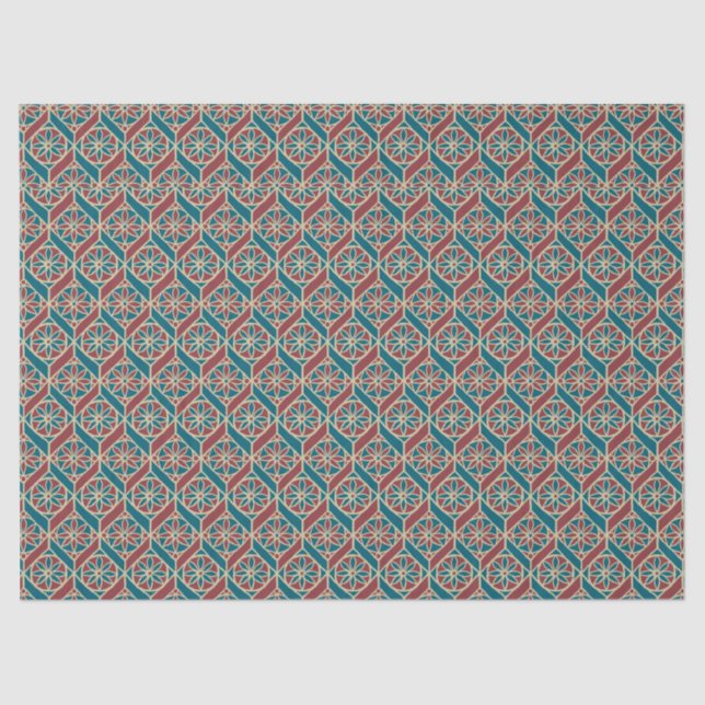 Papier Mousseline Maroon, Motif ethnique Turquoise, Fleurs, Chevrons (Recto)