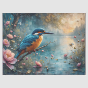 Papier Mousseline Martin-pêcheur perché au-dessus de l'eau fleurs ro