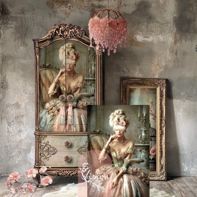 Papier Mousseline Mary Antoinette Delectable, Portrait & Floral (Mary Antoinette Delectable, Portrait and floral vintage scene, sage green & pink decoupage paper.)